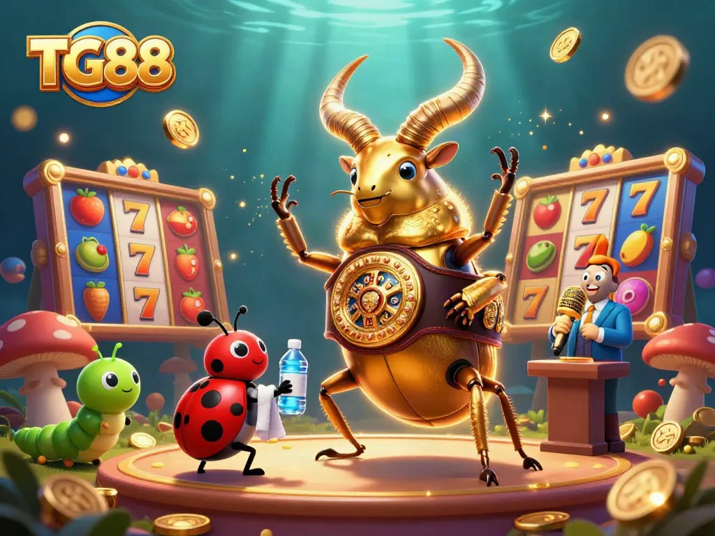 Engage in exciting gameplay at TG88 with a colorful 3D illustration featuring a boxing beetle and slot machine elements.