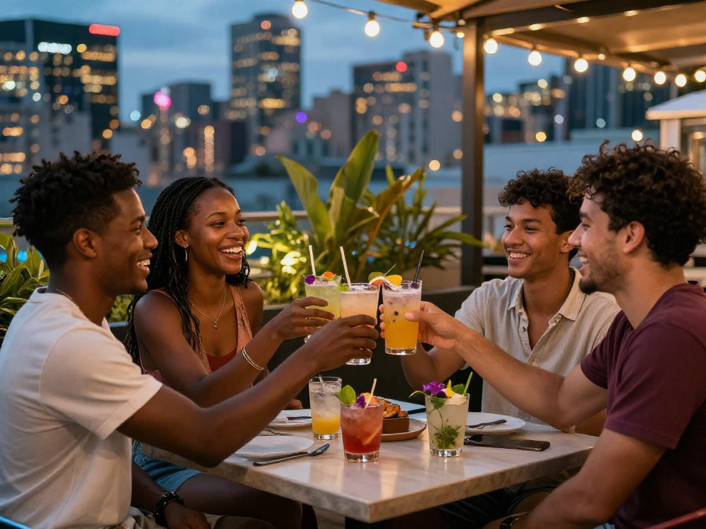 NSFW scene of friends celebrating on a rooftop bar, showcasing vibrant nightlife and social energy.