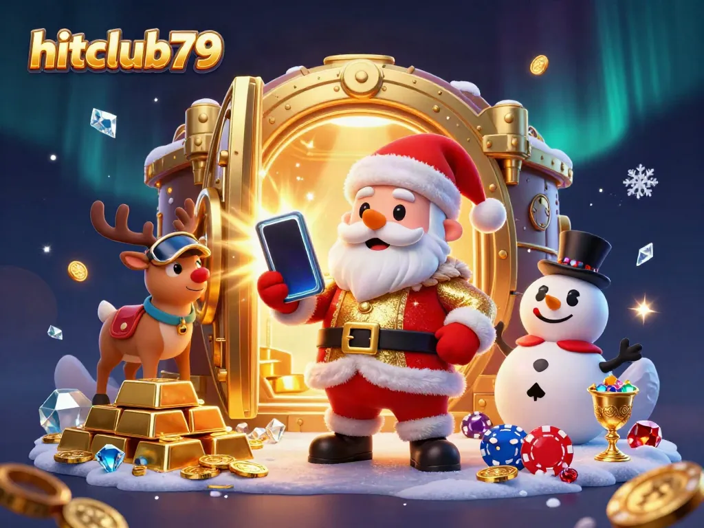 Play thrilling slots with Santa Claus at hitclub79, surrounded by treasures in a casino paradise.