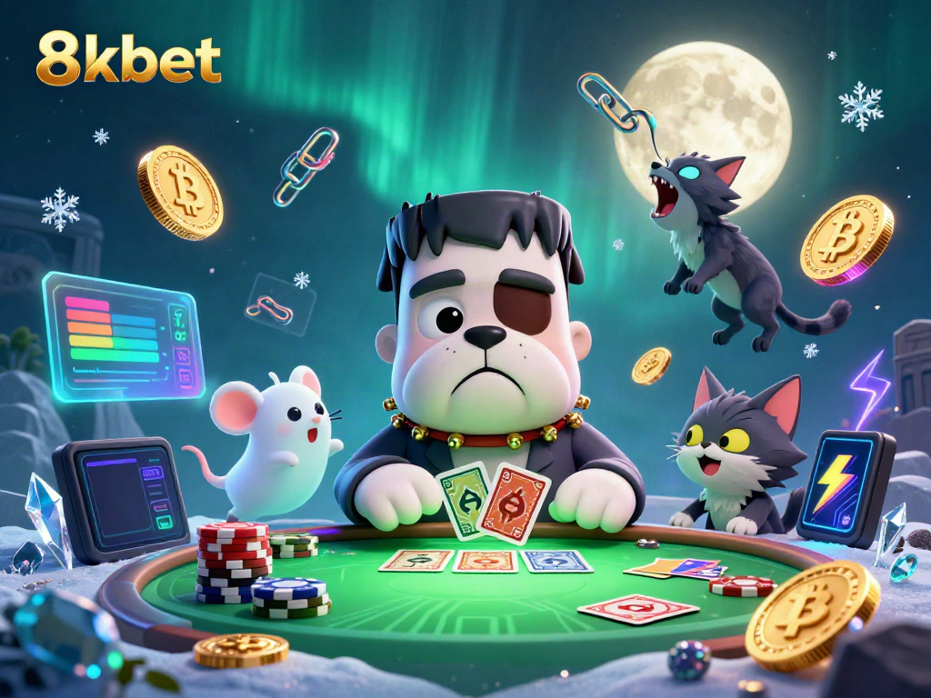 8xbet promotes an engaging online experience with games, featuring a cartoon bulldog dealer and ghostly elements.