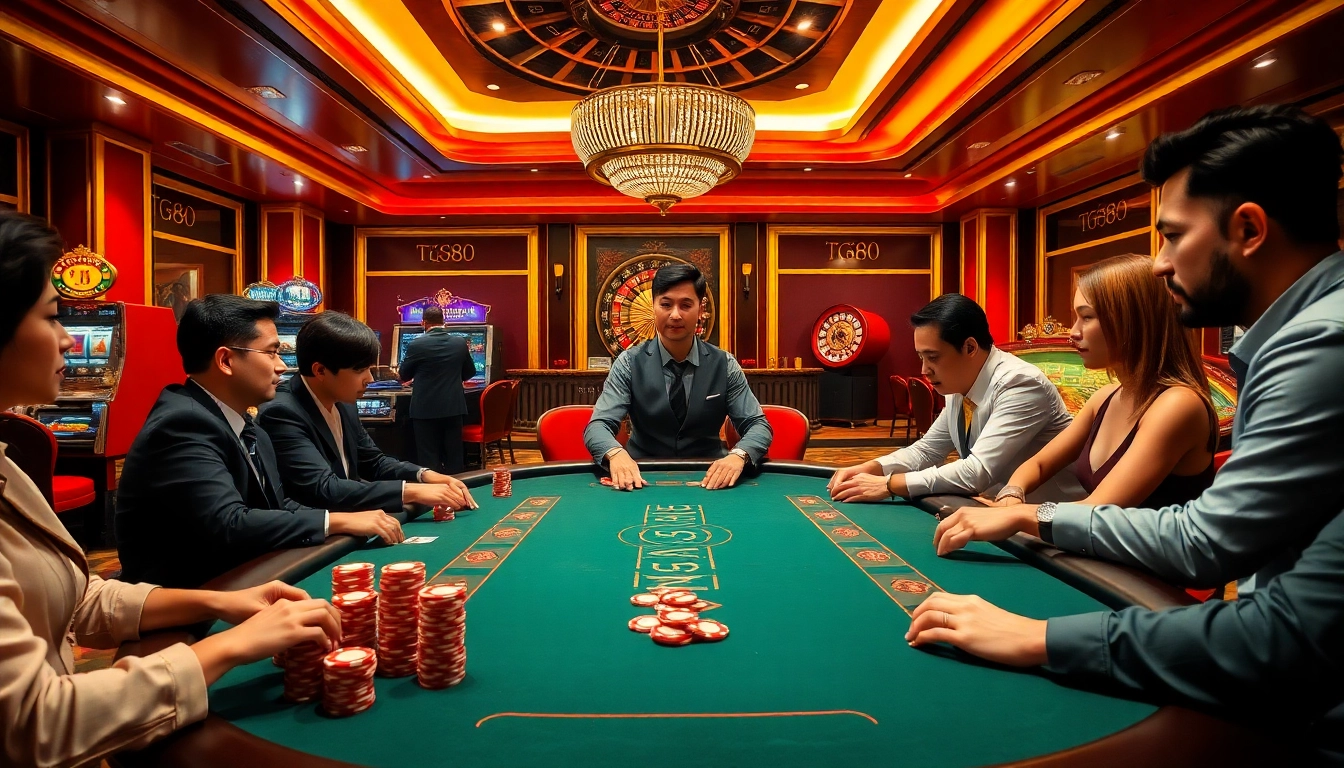 Experience high-stakes action at tg88 casino with players engaged in a poker game surrounded by luxury.
