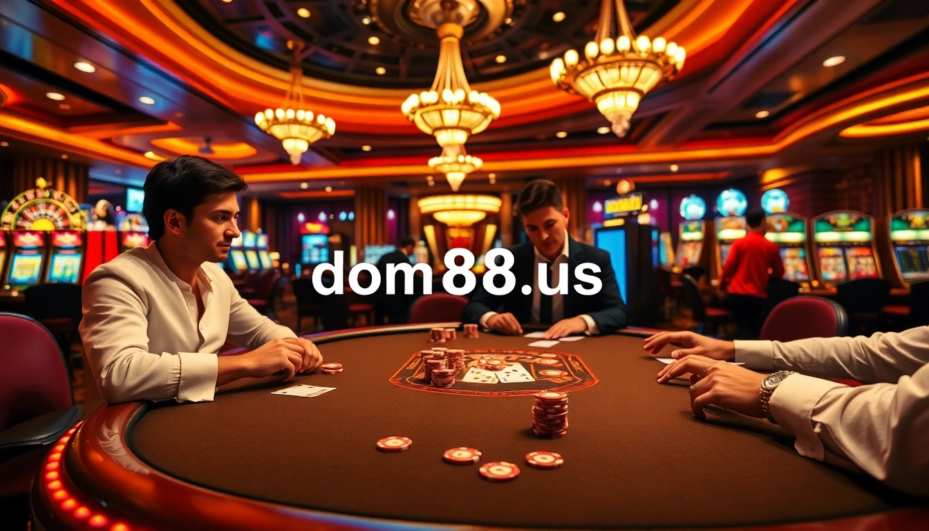 Experience high-stakes poker at dom88.us.com with vibrant casino tables and professional players.