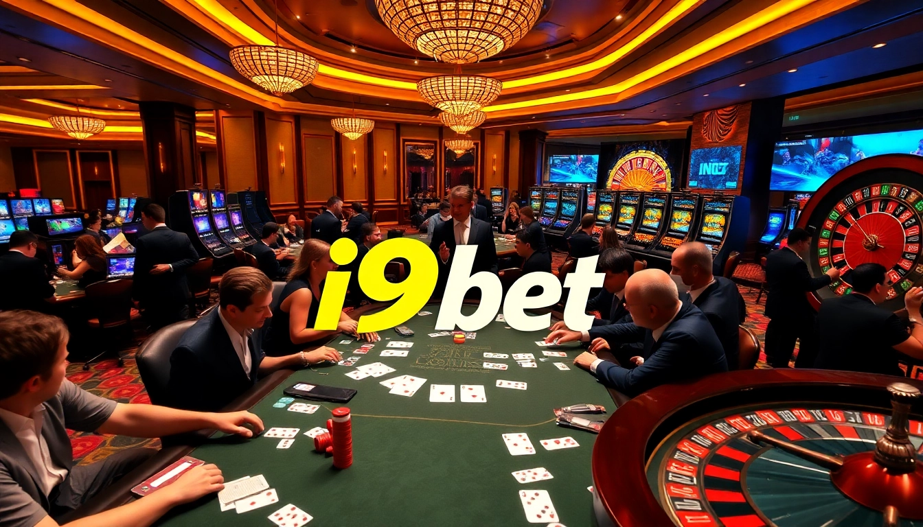 Experience thrilling gameplay with i9bet at a vibrant casino table filled with poker chips and players.