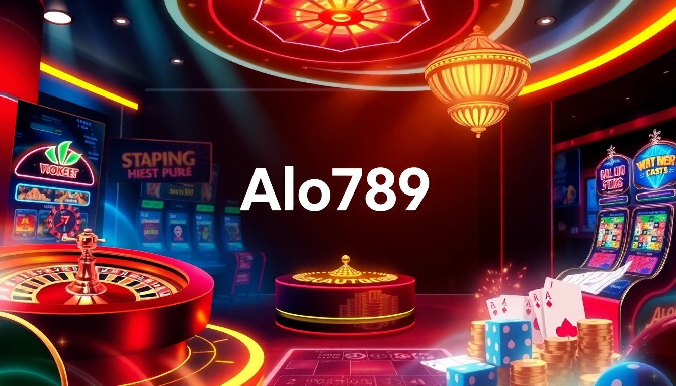 Alo789 đăng nhập mới nhất showcasing an exciting online casino scene with roulette, slots, and poker action