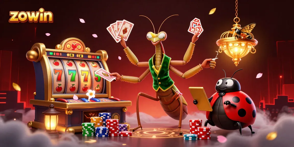 Zowin showcases a vibrant casino atmosphere with a mantis dealer and ladybug pit boss amidst spinning slot reels.
