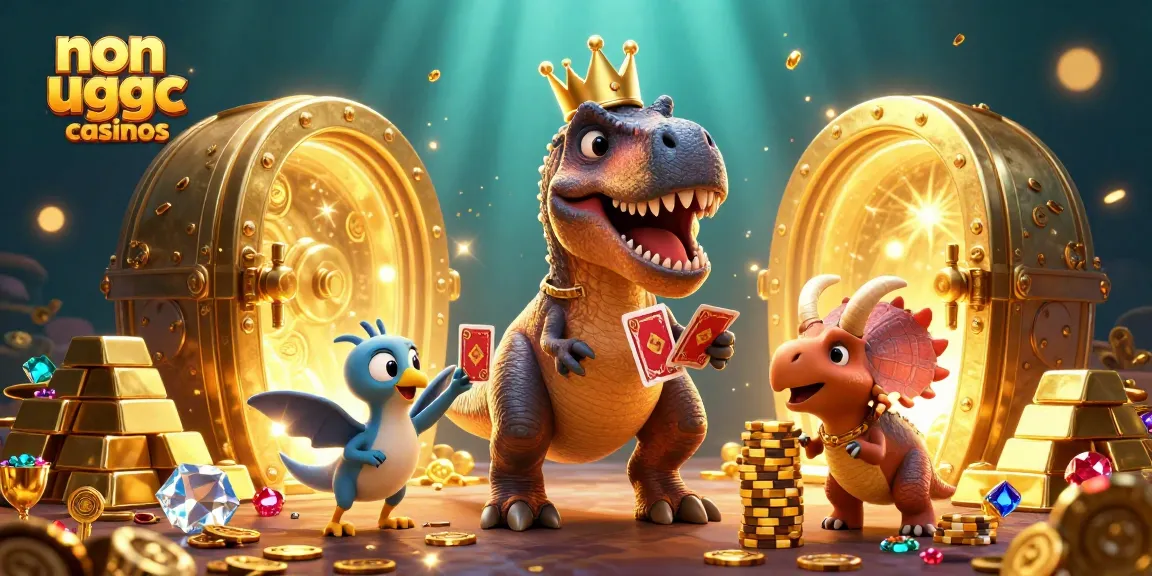 Engage with non ukgc casinos, featuring a dynamic scene of playful dinosaurs in a vibrant casino setting.