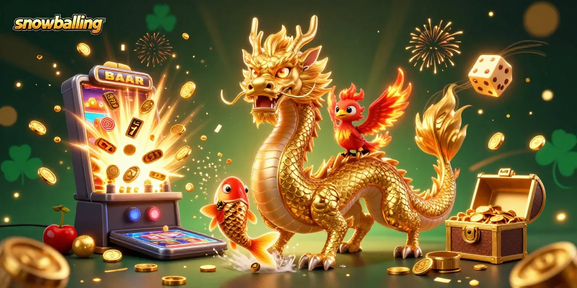 Experience snowballing excitement as a golden dragon, phoenix, and koi fish play in a vibrant casino scene.