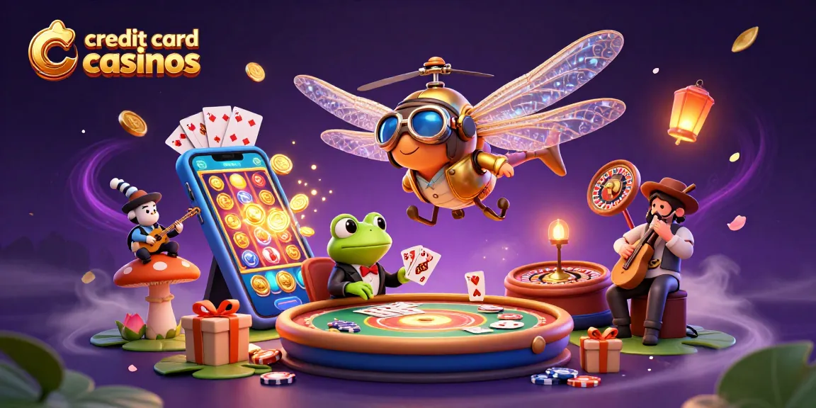 Engage with credit card casinos in a vibrant casino scene featuring a dragonfly pilot and frog dealer.