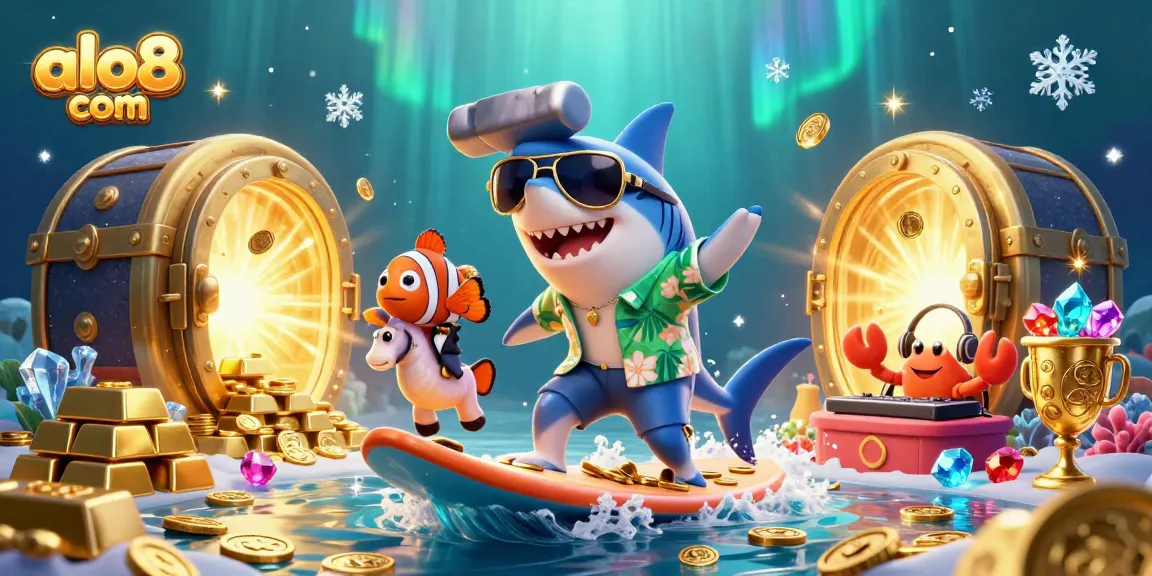 Get ready to win big at alo8 com with the fun 3D illustration showcasing a shark surfing on gold coins!