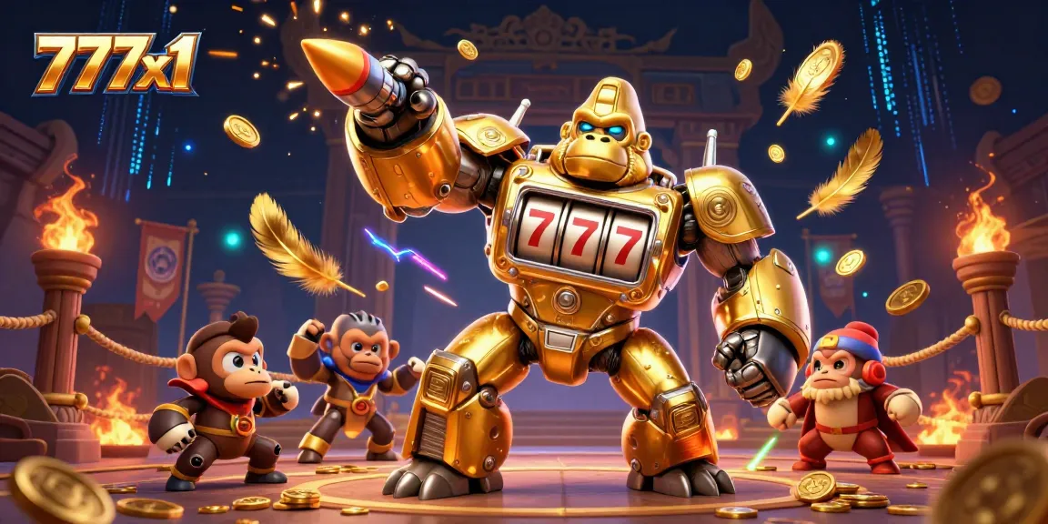 Win big with vibrant 777x1 casino action featuring a golden gorilla mech and thrilling game elements.