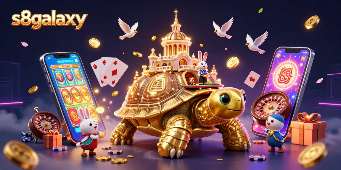 Experience the thrill of s8galaxy with a vibrant casino scene featuring golden tortoise, rabbit dealer, and flying coins.