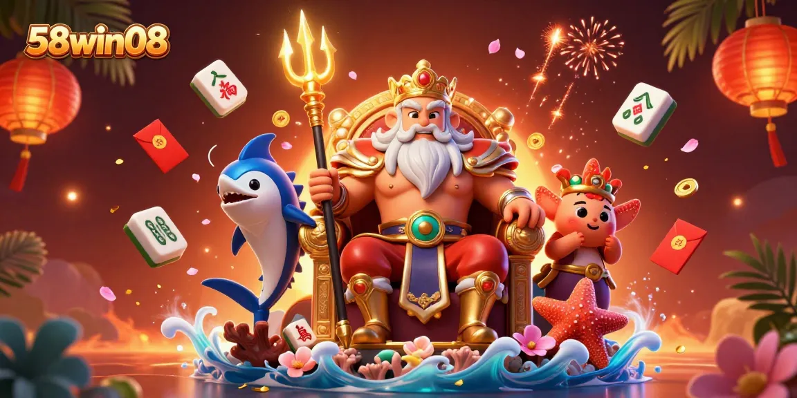 Experience the excitement of 58win08 with a vibrant 3D scene featuring Neptune and game elements.