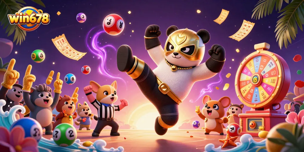 Win678 lottery scene with a wrestler panda, referee chihuahua, and vibrant game elements for engaging online betting entertainment.