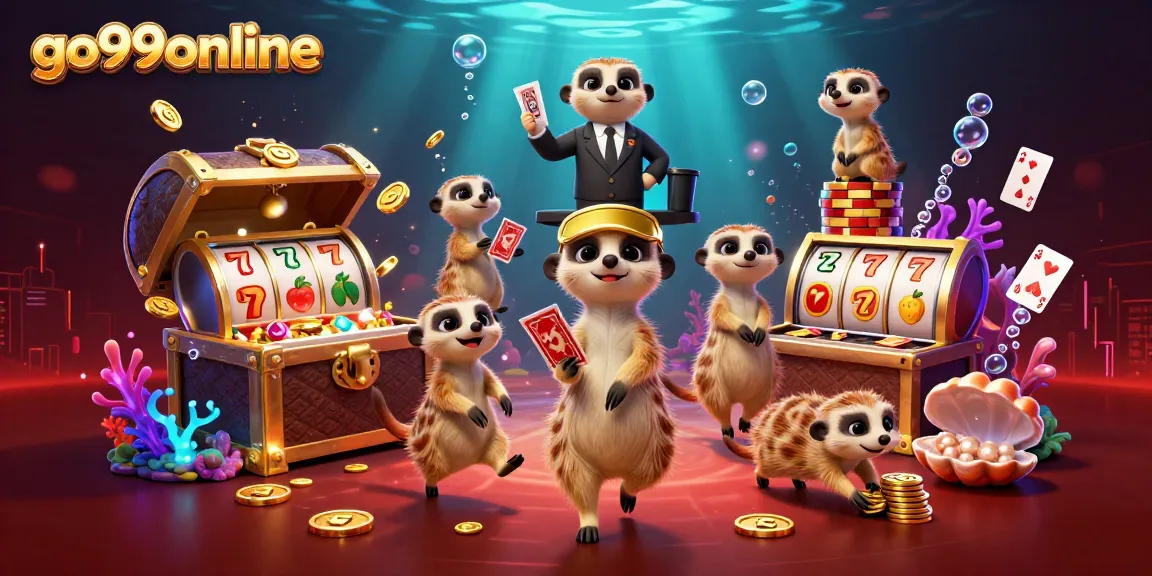 Engage with go99online where meerkats manage a vibrant casino, surrounded by slot elements and gold treasures.