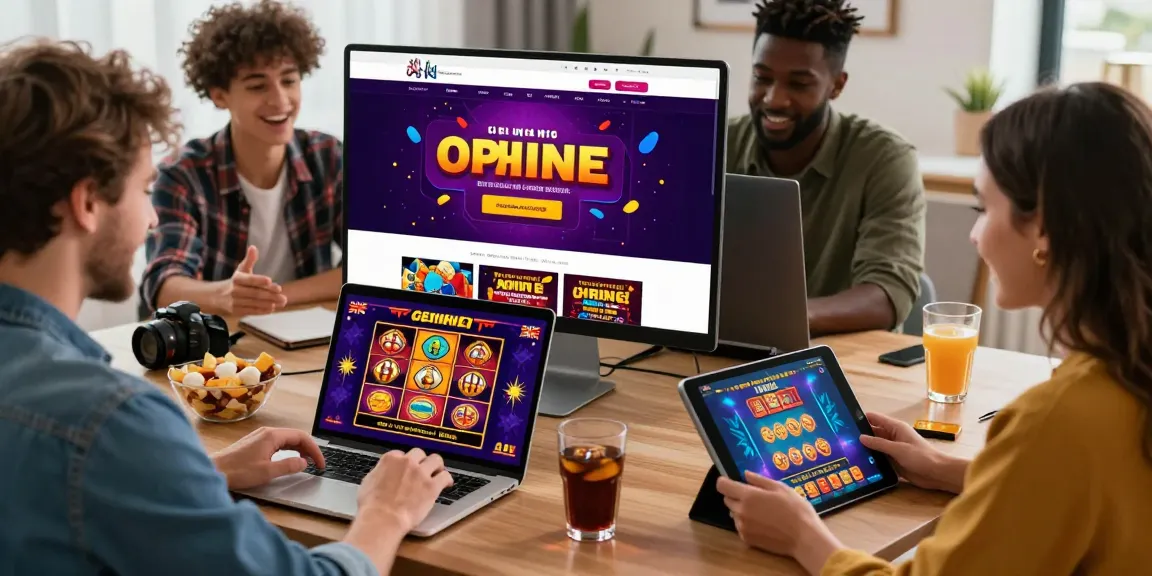 Players excitedly exploring new online casinos in the UK, engaging with vibrant slot games and promotions at home.