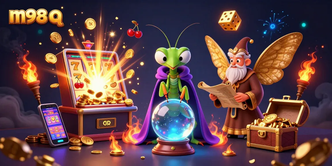 Experience the thrill of m98 q with a vibrant 3D casino scene filled with slot machines and fortune tellers.