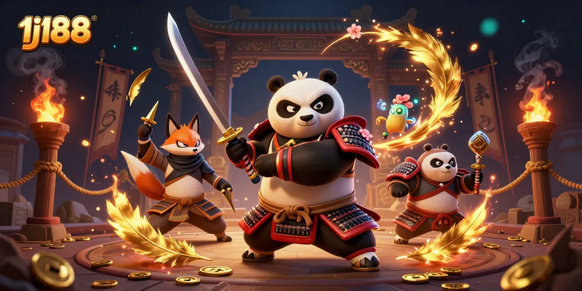 Engage in thrilling gameplay at 1j188 with samurai panda, ninja fox, and magical tanuki in a vibrant casino scene.
