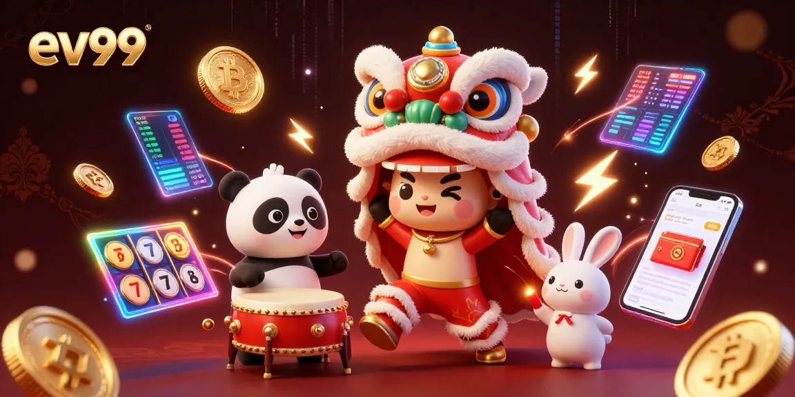 Ev99 slot games feature vibrant 3D lion dance, crypto coins, and a dynamic casino atmosphere.
