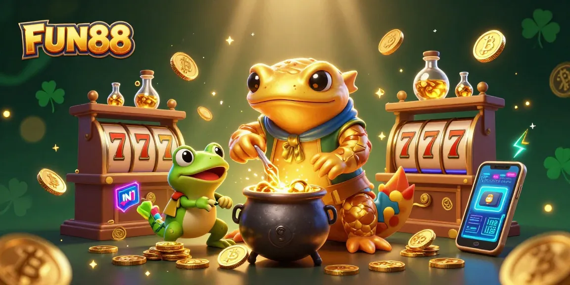 Experience FUN88 with casino excitement, featuring golden salamander alchemist and jackpot elements in a vibrant 3D scene.