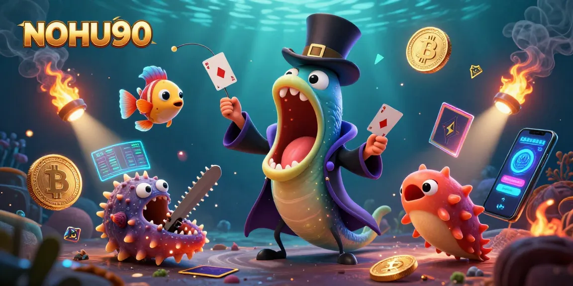 Experience the thrill of NOHU90 with captivating card tricks by a playful bioluminescent eel in a vibrant underwater casino scene.