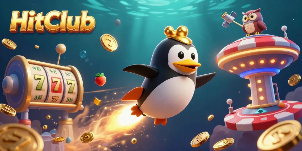 HitClub's golden penguin zooms through space towards a poker chip casino, winning jackpots with excitement.