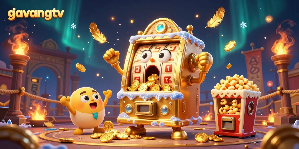 Witness the exciting jackpot win with gavangtv's golden slot machine in a vibrant 3D casino scene.