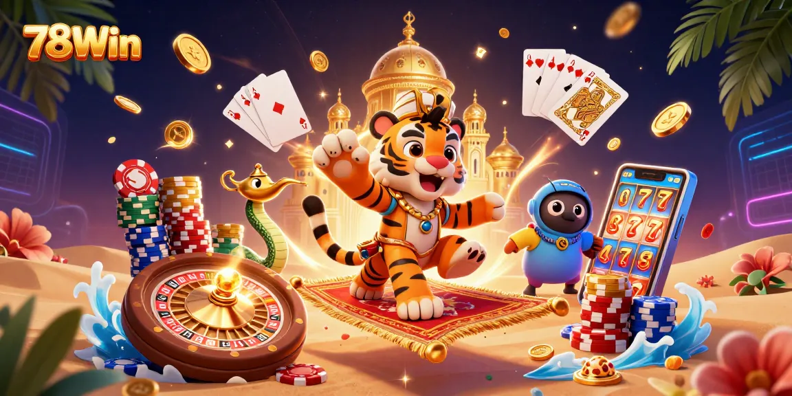 Engage with 78Win's dynamic casino scene featuring a cartoon tiger sultan and treasure.