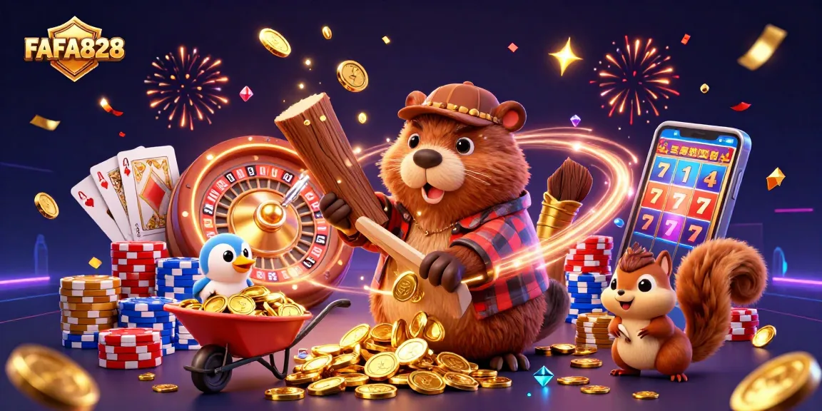Engage in thrilling gameplay at FAFA828, featuring vibrant characters amidst cascading coins and a roulette wheel.